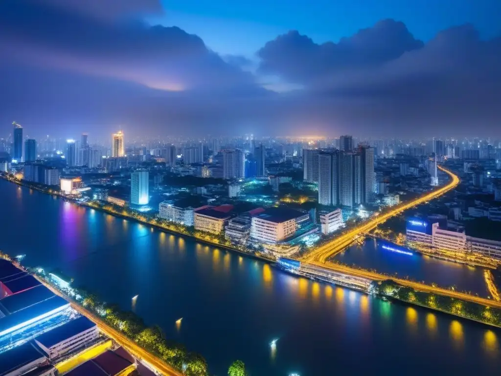 Espléndida vista nocturna de Bangkok: luces urbanas y tradición tailandesa Vibrante skyline nocturno de Bangkok, reflejando la fusión de cultura tailandesa y modernidad urbana