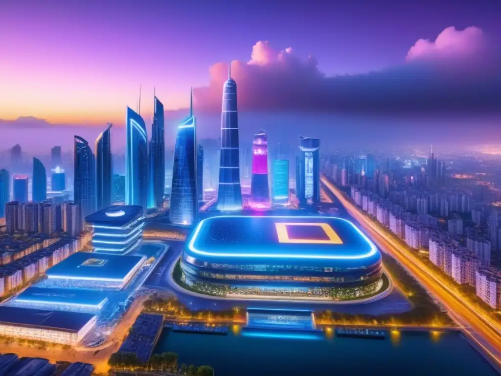 Skyline futurista nocturno: AI y luces neon Vibrante skyline nocturno futurista con inteligencia artificial en marketing inmobiliario internacional