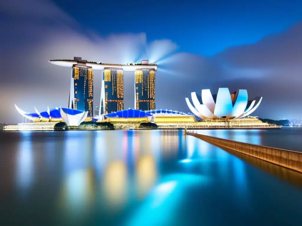Marina Bay Sands: lujo y modernidad en Singapur de noche Vibrante skyline nocturno de Singapur con el icónico hotel Marina Bay Sands y rascacielos iluminados reflejados en la bahía