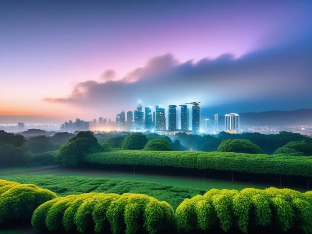 Skyline urbano sostenible: armonía entre naturaleza y desarrollo Vibrante skyline nocturno con inversión sostenible en mercado inmobiliario internacional