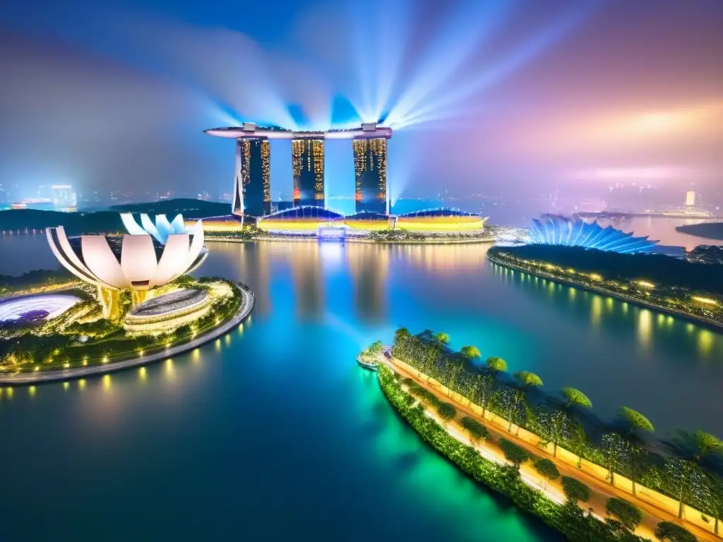 Espléndida panorámica nocturna de Singapur: Marina Bay y Supertree Grove Vibrante skyline nocturno de Singapur, reflejando luces en Marina Bay