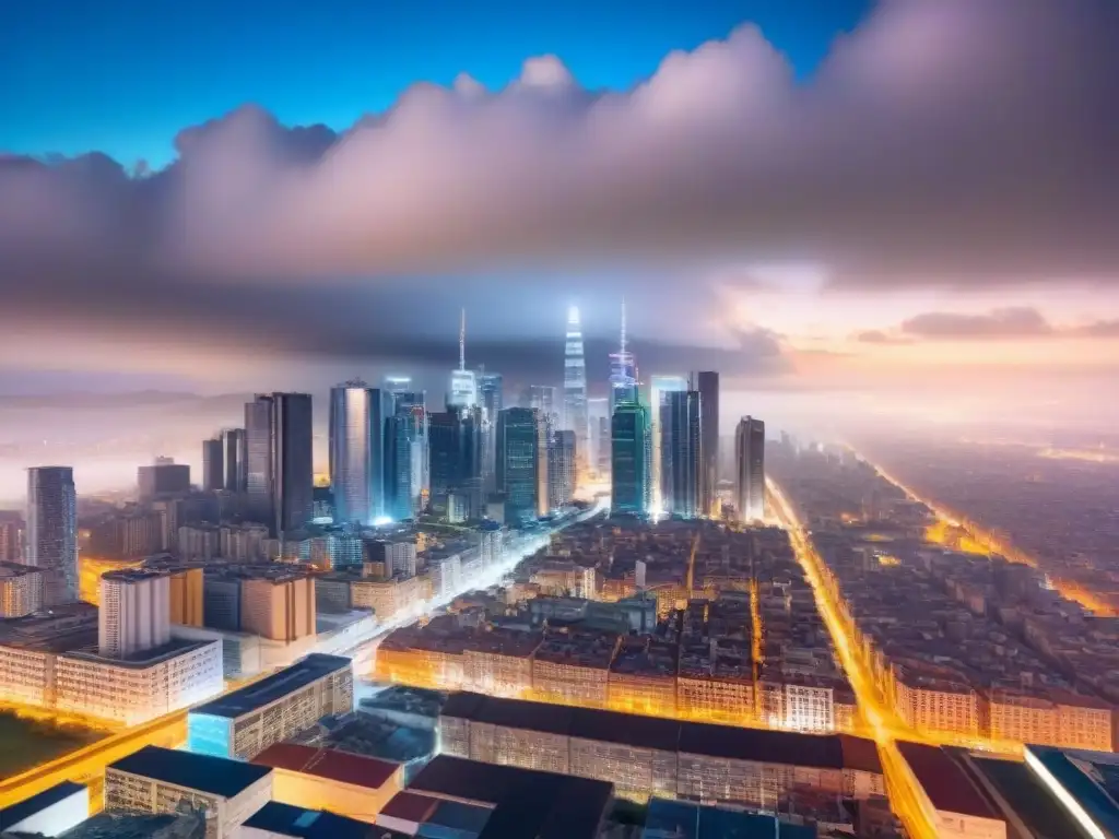 Deslumbrante skyline nocturno de una ciudad global conectada Vibrante skyline nocturno de una metrópolis global, reflejando las influencias internacionales mercado inmobiliario