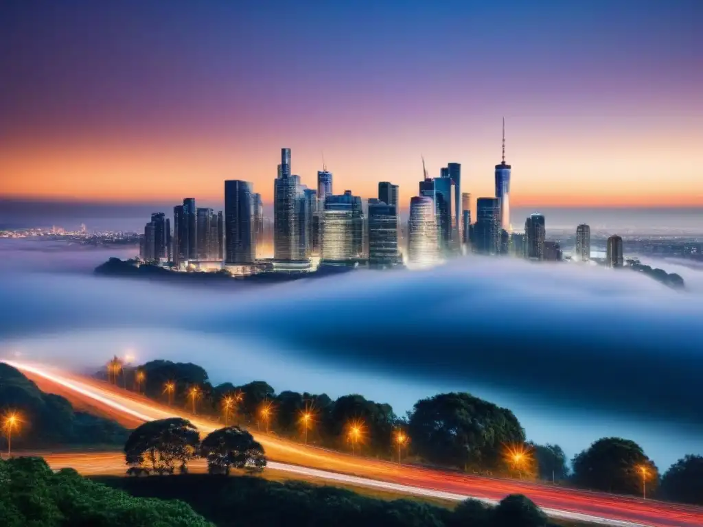 Skyline urbano nocturno: conexiones inmobiliarias iluminadas Vibrante skyline nocturno con rascacielos iluminados y luces como red de conexiones en mercado inmobiliario internacional