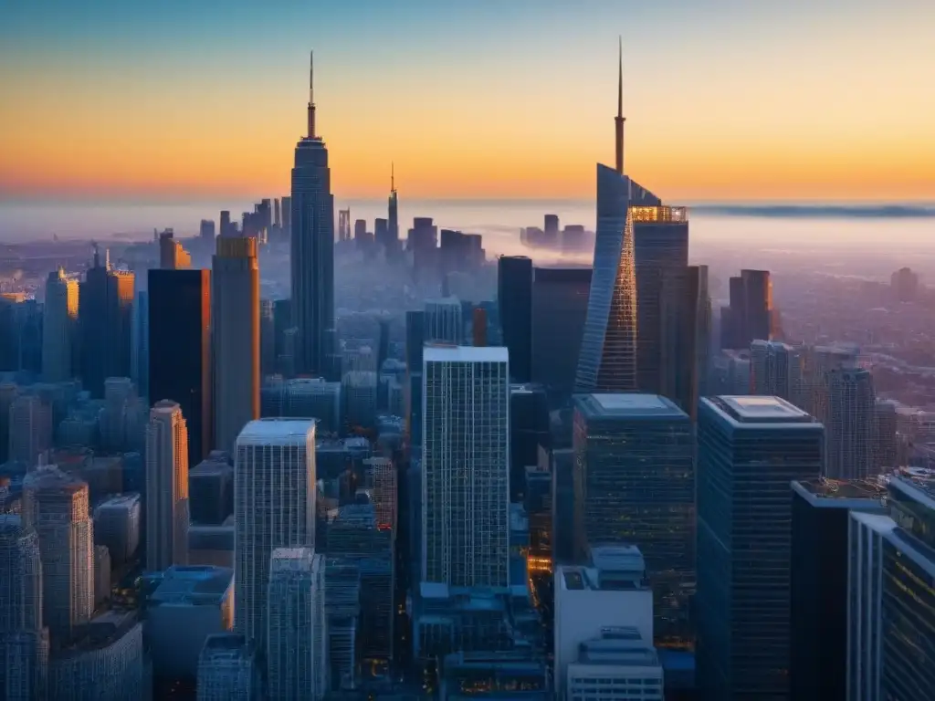 Negociaciones inmobiliarias globales: skyline al atardecer Vibrante skyline con profesionales en negociaciones de mercado M&A inmobiliarias internacionales