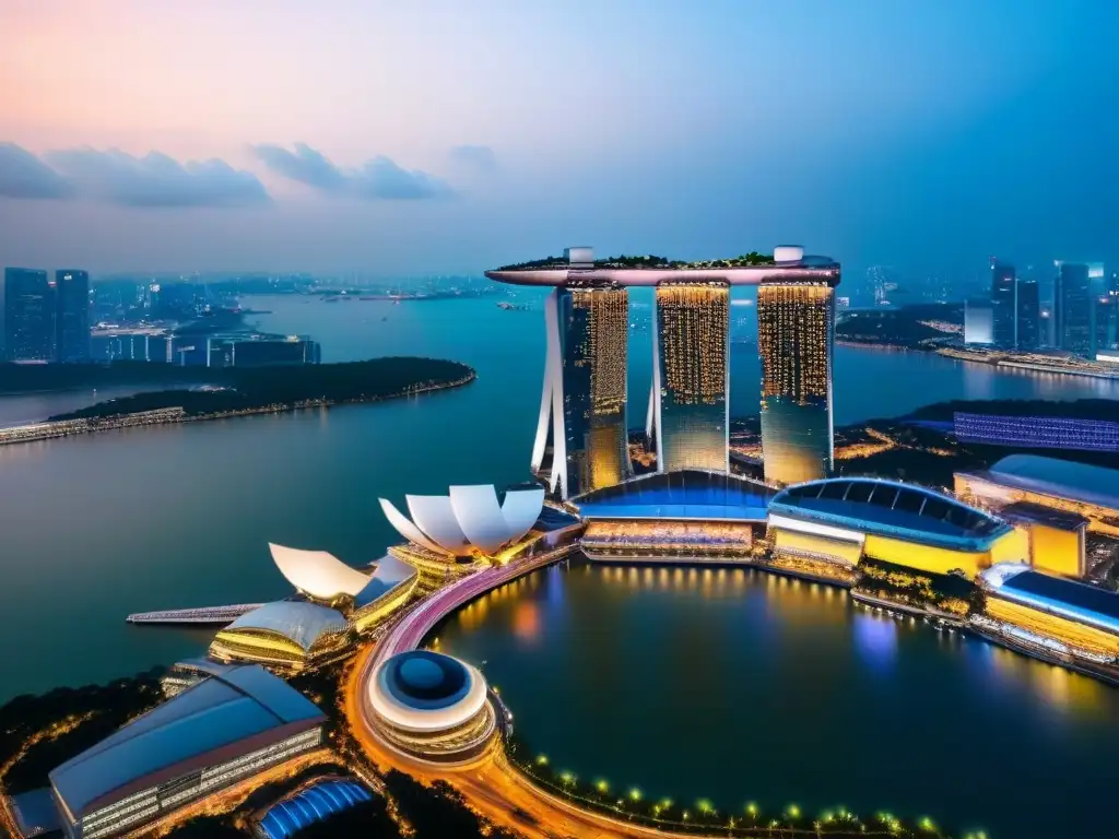 Vibrante skyline de Singapur al anochecer, Marina Bay Sands y rascacielos futuristas iluminados