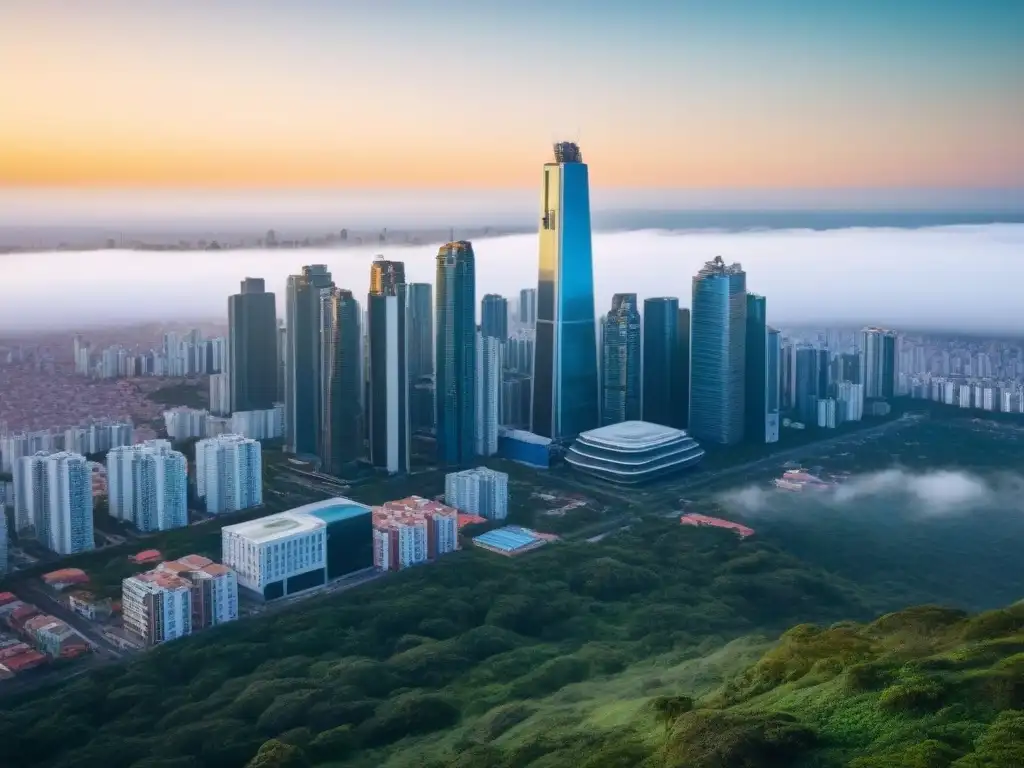 Horizonte moderno en Latinoamérica: inversión inmobiliaria vibrante Vibrante skyline de rascacielos en América Latina, ideal para inversionistas globales en bienes raíces