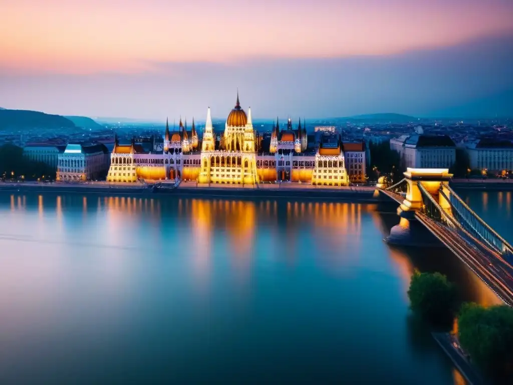 Inversiones inmobiliarias en Budapest: Ciudad luminosa y vibrante Vibrante skyline de Budapest con el río Danubio y monumentos históricos iluminados al anochecer