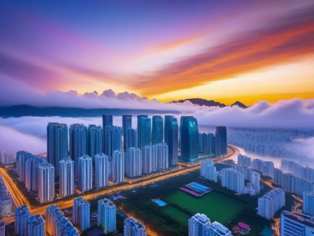 Horizonte vibrante del Sudeste Asiático: fusión arquitectónica en 8K Vibrante skyline del Sudeste Asiático fusionando arquitectura tradicional y moderna