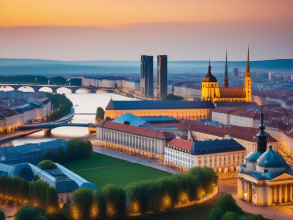 Skyline vibrante: crecimiento urbano en Europa del Este Vibrante skyline urbano de Europa del Este, fusionando arquitectura histórica y rascacielos modernos