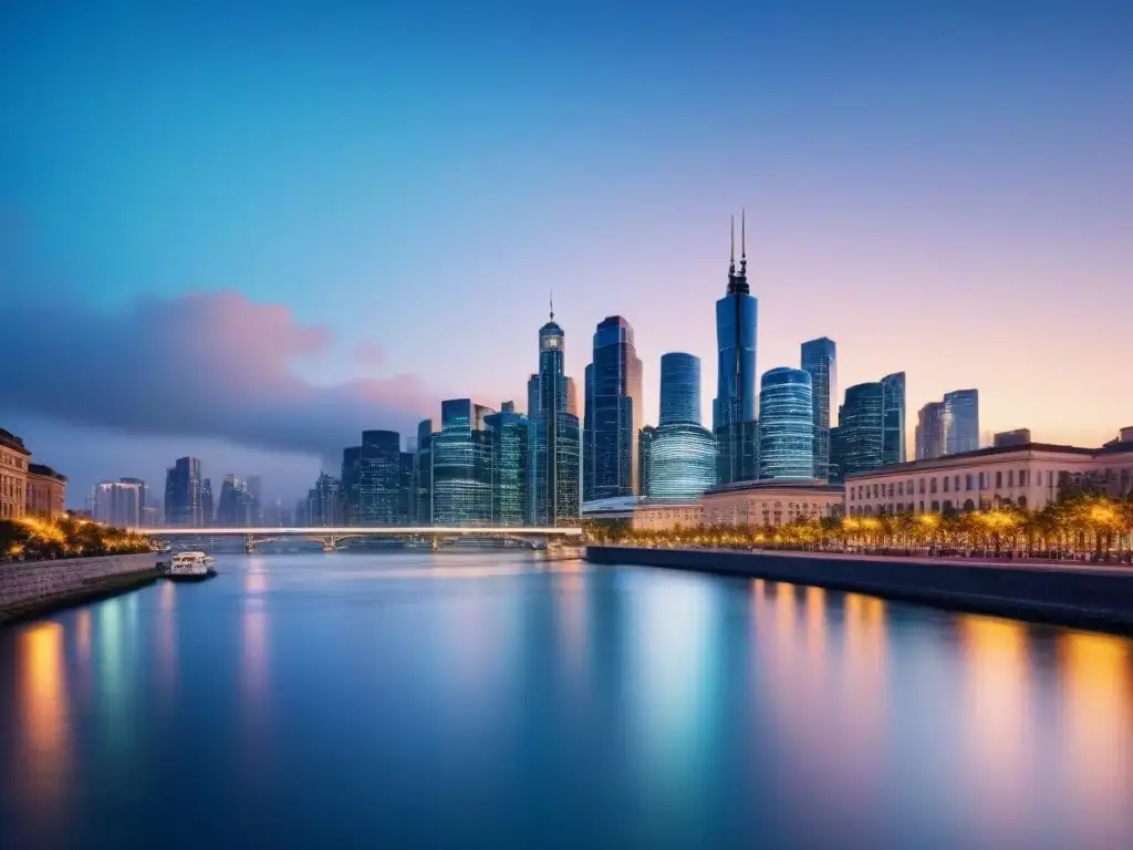 Skyline urbano en crecimiento: luces vibrantes y arquitectura moderna en 8k Vibrante skyline urbano al atardecer, reflejando innovación y prosperidad gracias a estrategias M&A en mercado inmobiliario