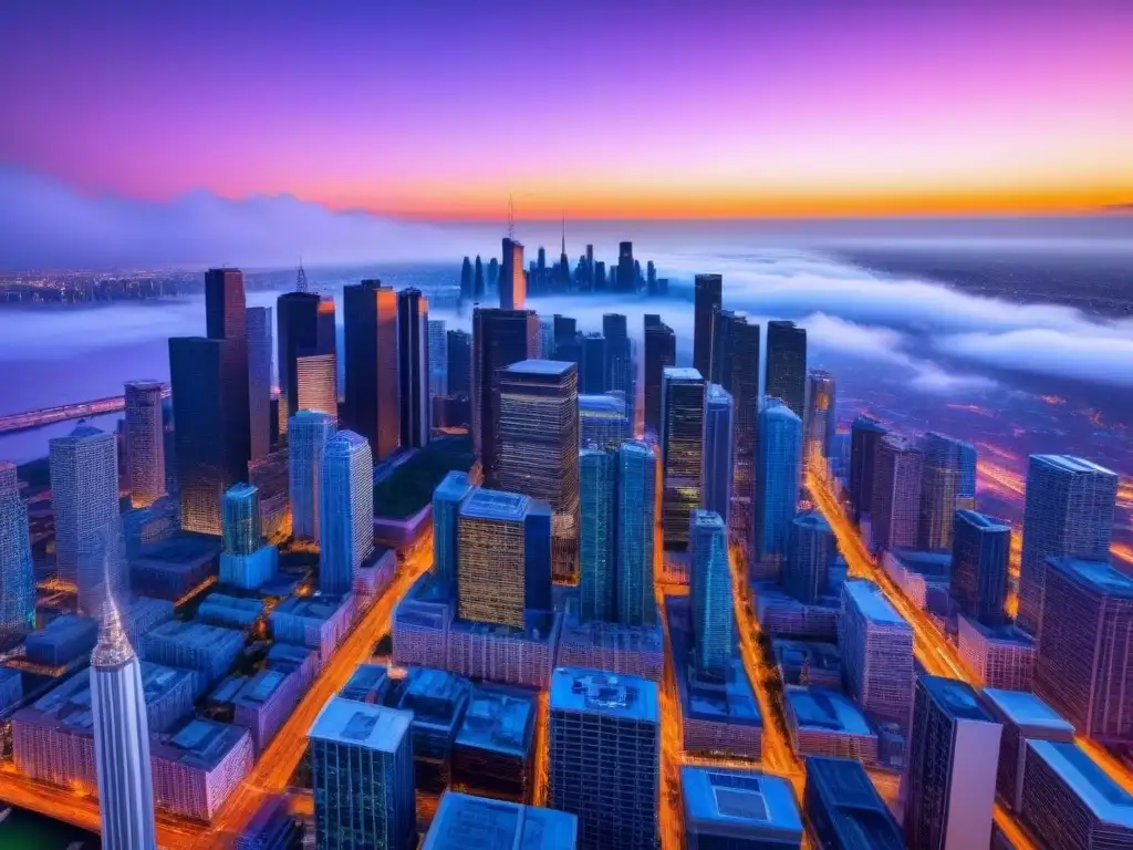 Horizonte urbano al atardecer: modernidad y colorido Vibrante skyline urbano al atardecer, con rascacielos modernos y cielo colorido