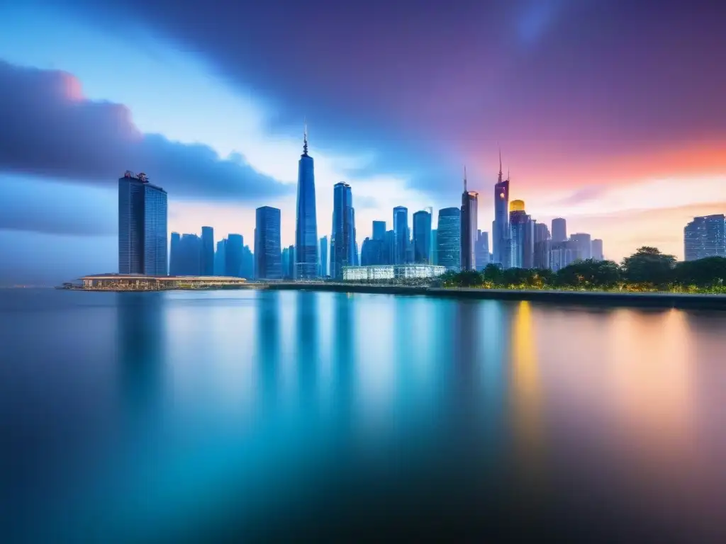 Horizonte urbano moderno al anochecer: símbolo de progreso y potencial Vibrante skyline urbano al atardecer reflejado en el río, simbolizando desafíos y sinergias postfusión inversión inmobiliaria