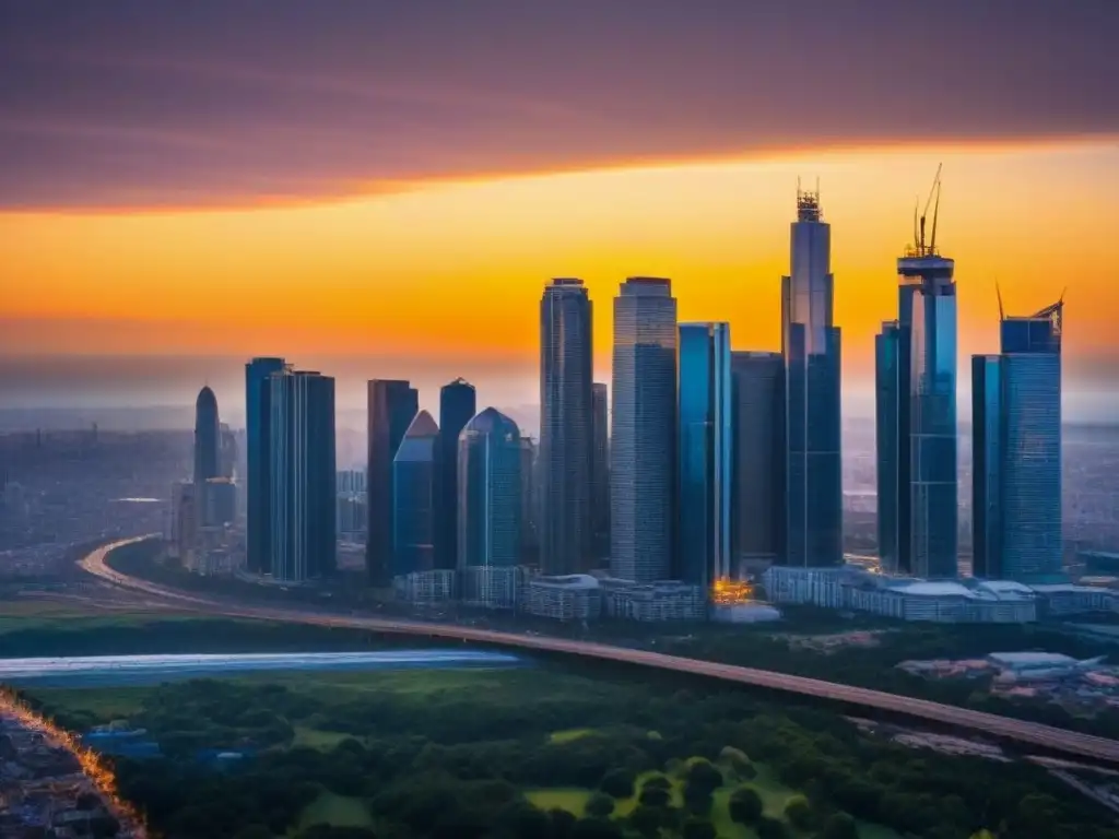 Horizonte urbano dorado: crecimiento dinámico de metrópolis modernas Vibrante skyline urbano al atardecer, reflejando luces doradas