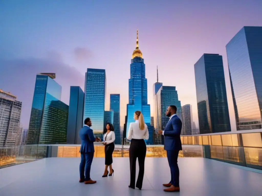 Inversión inmobiliaria: ciudad moderna al atardecer Un vibrante skyline urbano al atardecer, con rascacielos modernos iluminados por el sol