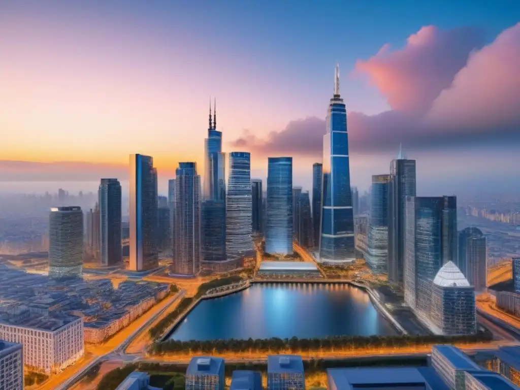 Horizonte urbano al atardecer: diversidad y colaboración en inversión inmobiliaria Vibrante skyline urbano al atardecer con profesionales discutiendo, reflejando la diversidad generacional en estrategias de inversión inmobiliaria