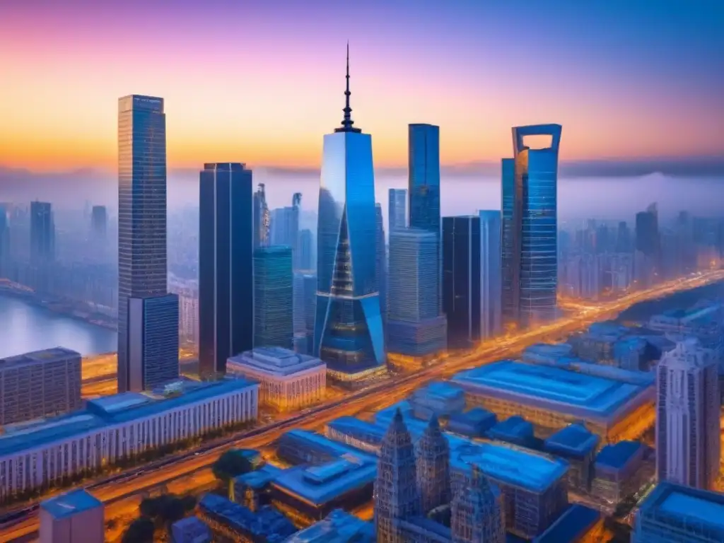 Ciudad en crecimiento: Crowdfunding inmobiliario transformador al atardecer Vibrante skyline urbano al atardecer con gente diversa discutiendo y mostrando plataformas de crowdfunding inmobiliario