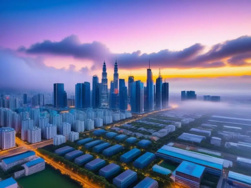 Inversión inmobiliaria estratégica en mercados emergentes: atardecer en la ciudad futurista Vibrante skyline urbano al atardecer con rascacielos futuristas y edificios elegantes, ideal para 'Mejores estrategias salida inversión inmobiliaria'