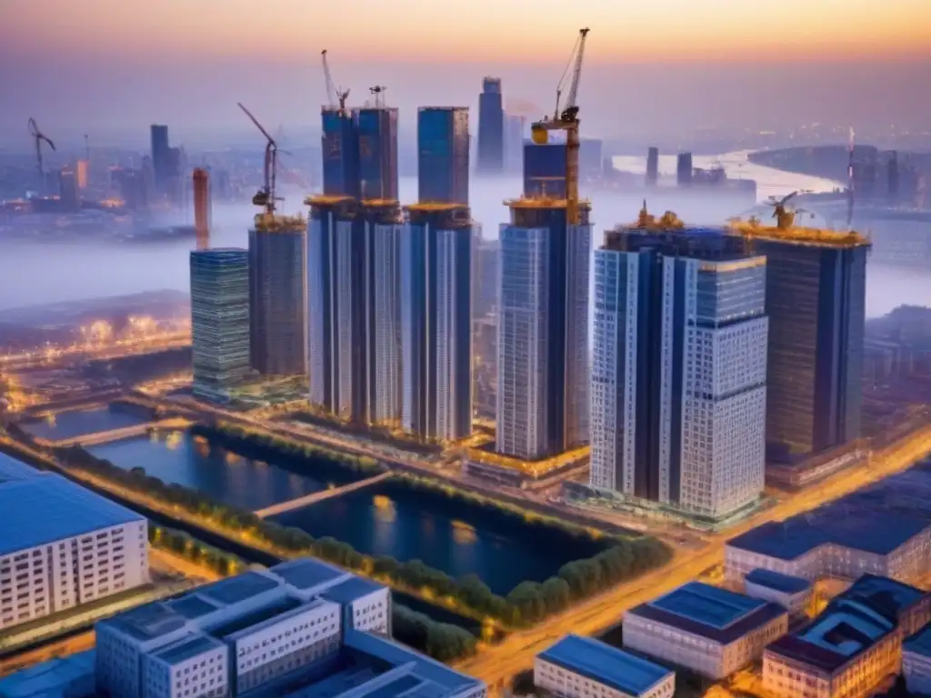 Horizonte urbano al atardecer: luces, construcciones y oportunidades Vibrante skyline urbano al atardecer, reflejo del impacto de crisis económicas en el sector construcción e inversores