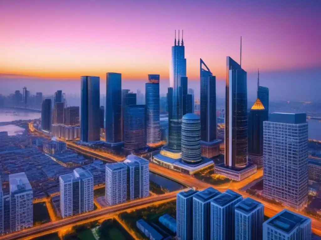 Skyline urbano al atardecer: colaboración y oportunidad en inversión inmobiliaria postpandémica Vibrante skyline urbano al atardecer con profesionales y planos arquitectónicos