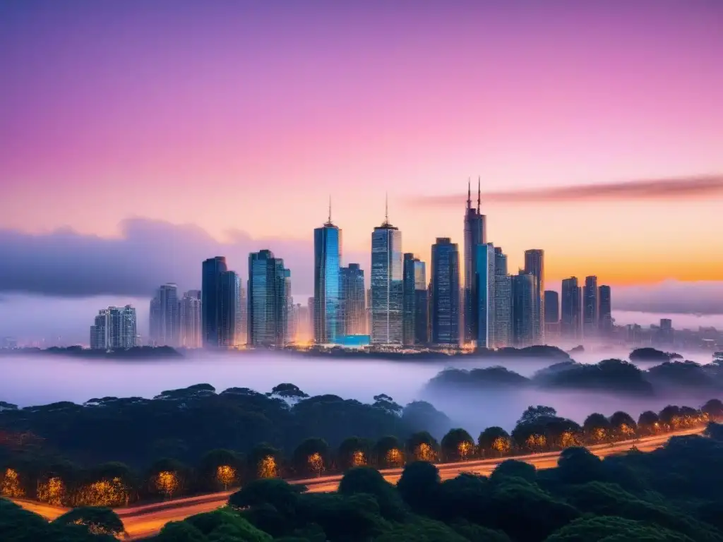 Skyline urbano moderno al atardecer: mercado inmobiliario dinámico Vibrante skyline urbano al atardecer, reflejo de la inversión inmobiliaria estratégica en un entorno global dinámico
