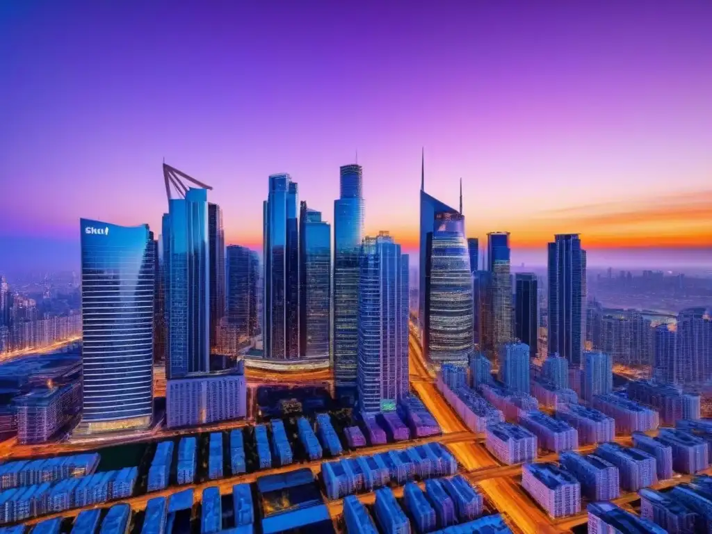 Horizonte urbano al atardecer: luces de ciudad en evolución Vibrante skyline urbano al atardecer, reflejando la sofisticación y crecimiento del mercado de inversión inmobiliaria internacional