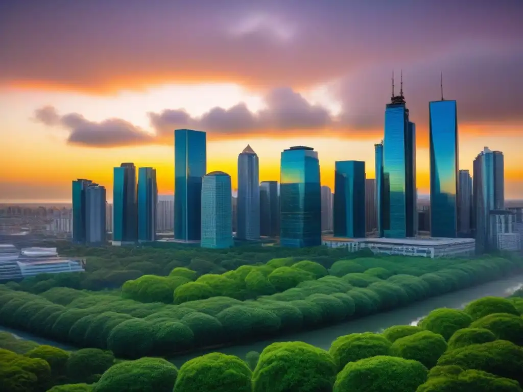 Esplendor urbano al atardecer: mercado inmobiliario en auge Un vibrante skyline urbano al atardecer, reflejando un mercado inmobiliario próspero frente a la inflación global
