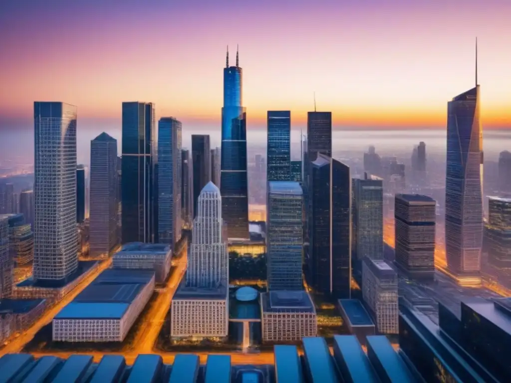 Oportunidades urbanas: skyline nocturno con ejecutivos y rascacielos Vibrante skyline urbano al atardecer, reflejando estrategias M&A en mercado inmobiliario