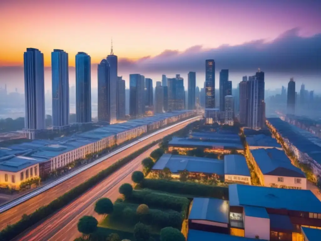 Horizonte urbano al anochecer: diversidad y crecimiento en la ciudad Vibrante skyline urbano al atardecer con tendencias migratorias en mercado inmobiliario