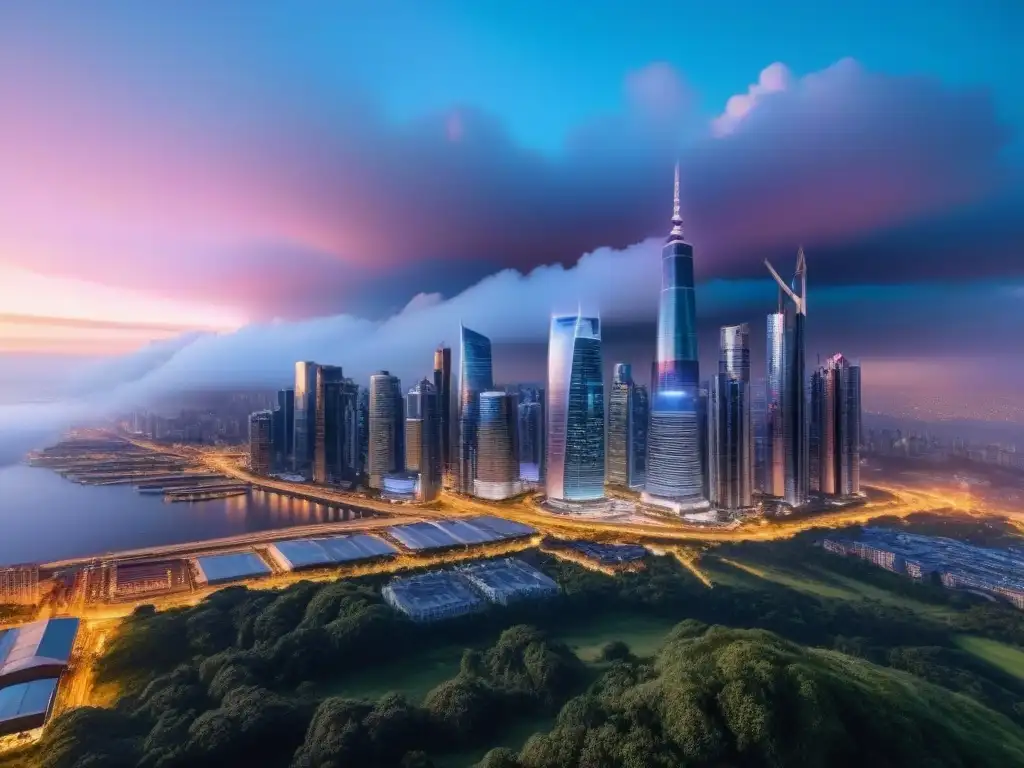 Skyline futurista: geolocalización urbana en alta resolución Vibrante skyline urbano futurista con geolocalización, prevención fraudes inmobiliarios