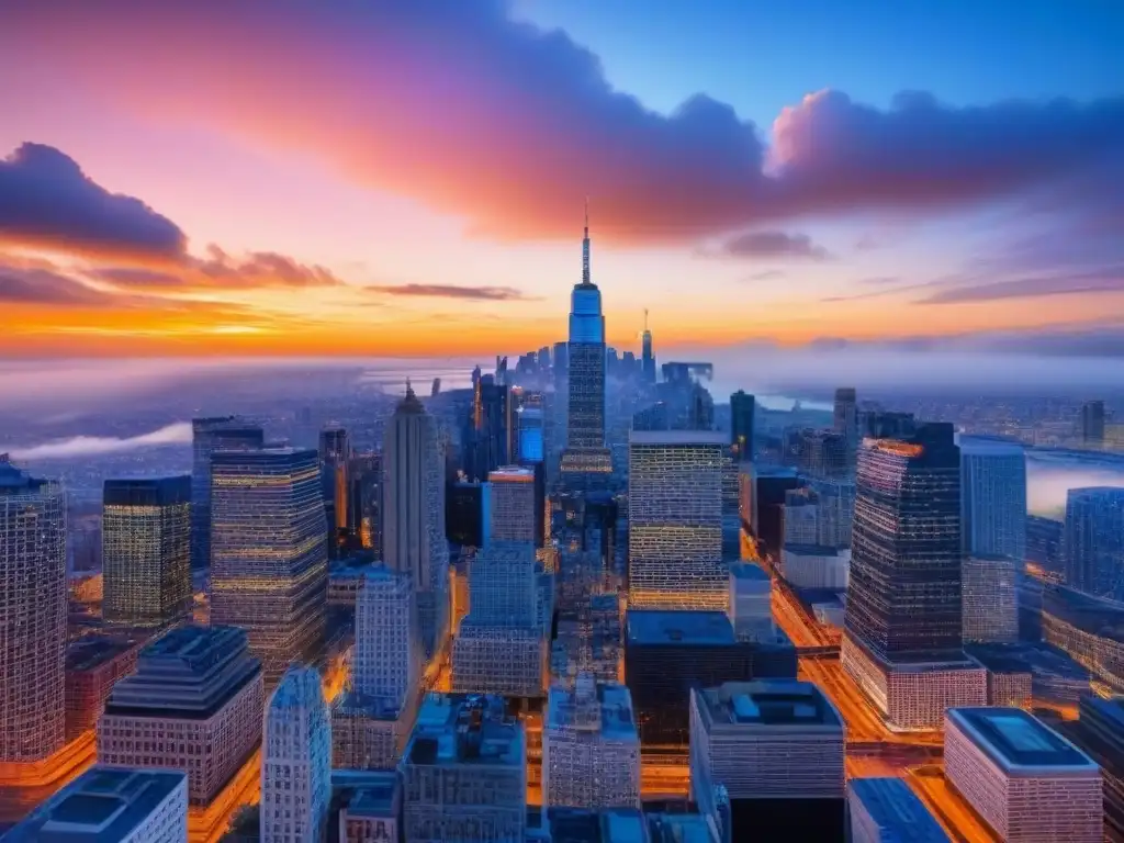 Horizonte urbano iluminado: redes sociales transformadoras al atardecer Vibrante skyline urbano con iconos de redes sociales brillantes, simbolizando el Marketing inmobiliario global con redes sociales