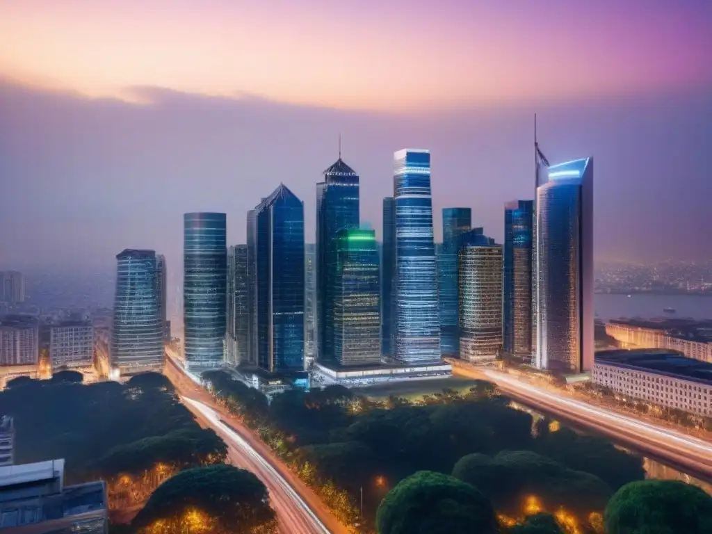 Horizonte urbano: rascacielos iluminados al anochecer Vibrante skyline urbano al anochecer, ideal para inversionistas globales en mercado inmobiliario