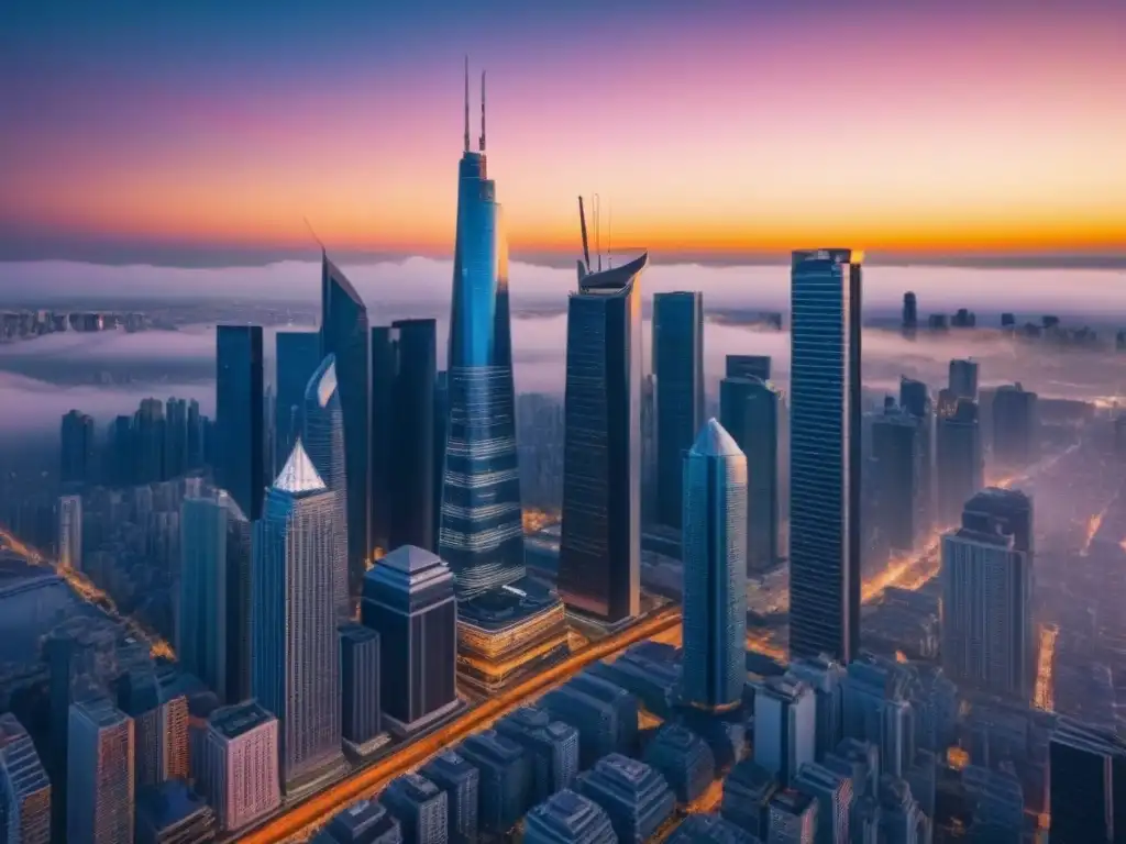 Metrópolis moderna: influencers y arquitectura futurista en el mercado inmobiliario Vibrante skyline urbano con influencers mercado inmobiliario internacional en atardecer