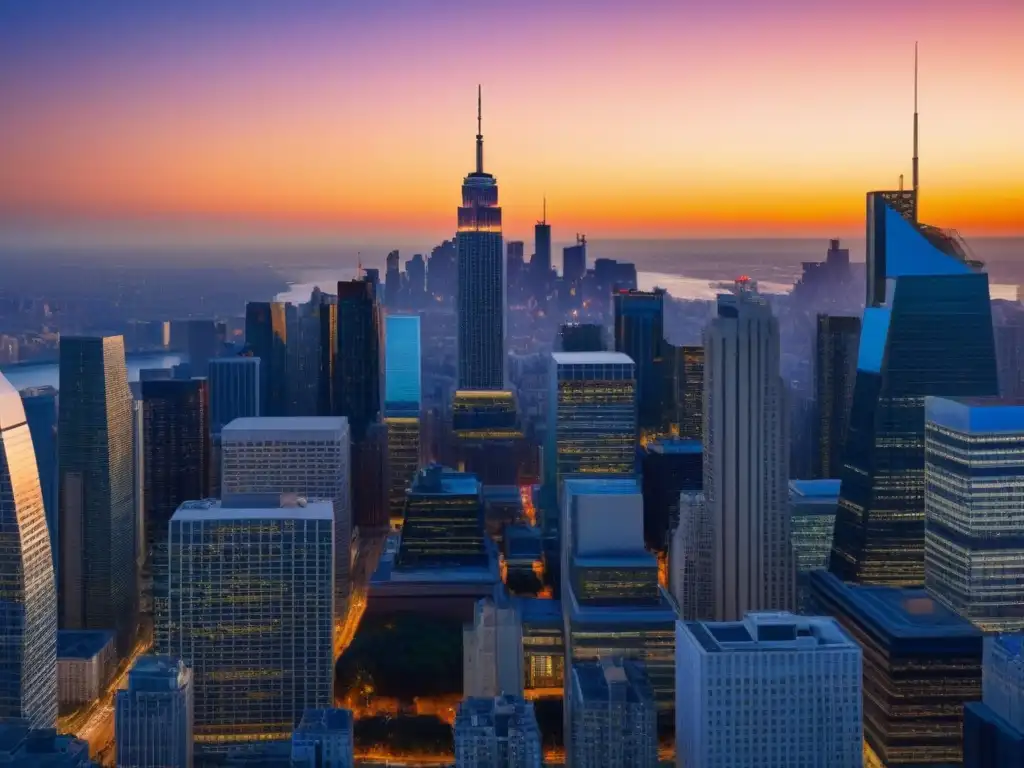 Horizonte urbano al atardecer: inversión inmobiliaria global Un vibrante skyline urbano reflejando la luz del atardecer, con profesionales debatiendo