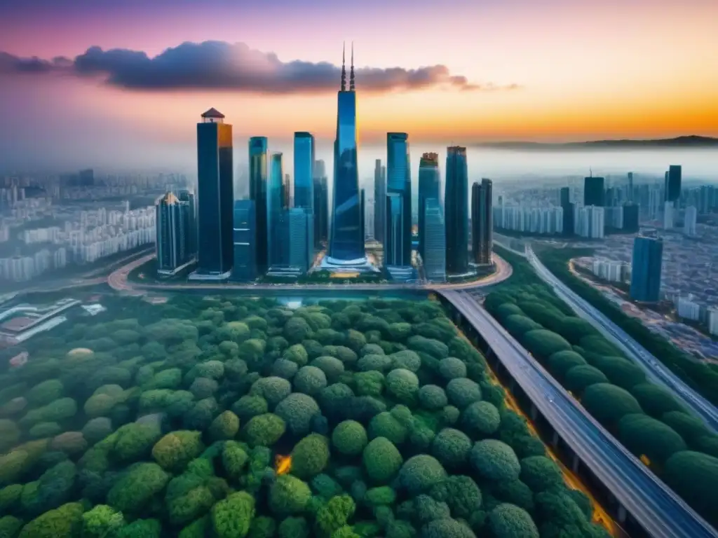 Horizonte urbano vibrante en mercado emergente Vibrante skyline urbano en mercado emergente: fusiones inmobiliarias y arquitectura moderna entre vegetación y bullicio