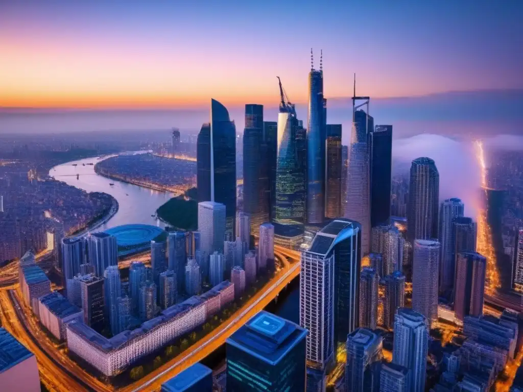 Horizonte urbano: luces y conexiones en fusiones globales Vibrante skyline urbano al anochecer, con modernos rascacielos iluminados