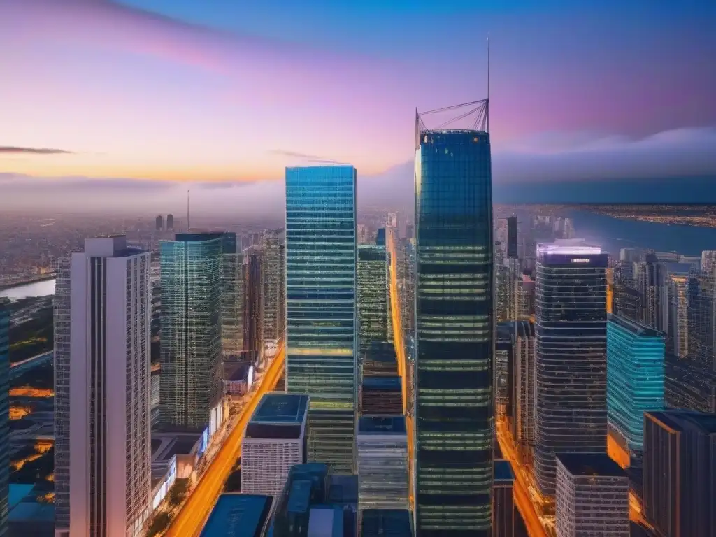 Metrópolis moderna: Inversión Inmobiliaria Internacional Vibrante skyline urbano al anochecer con modernos rascacielos iluminados