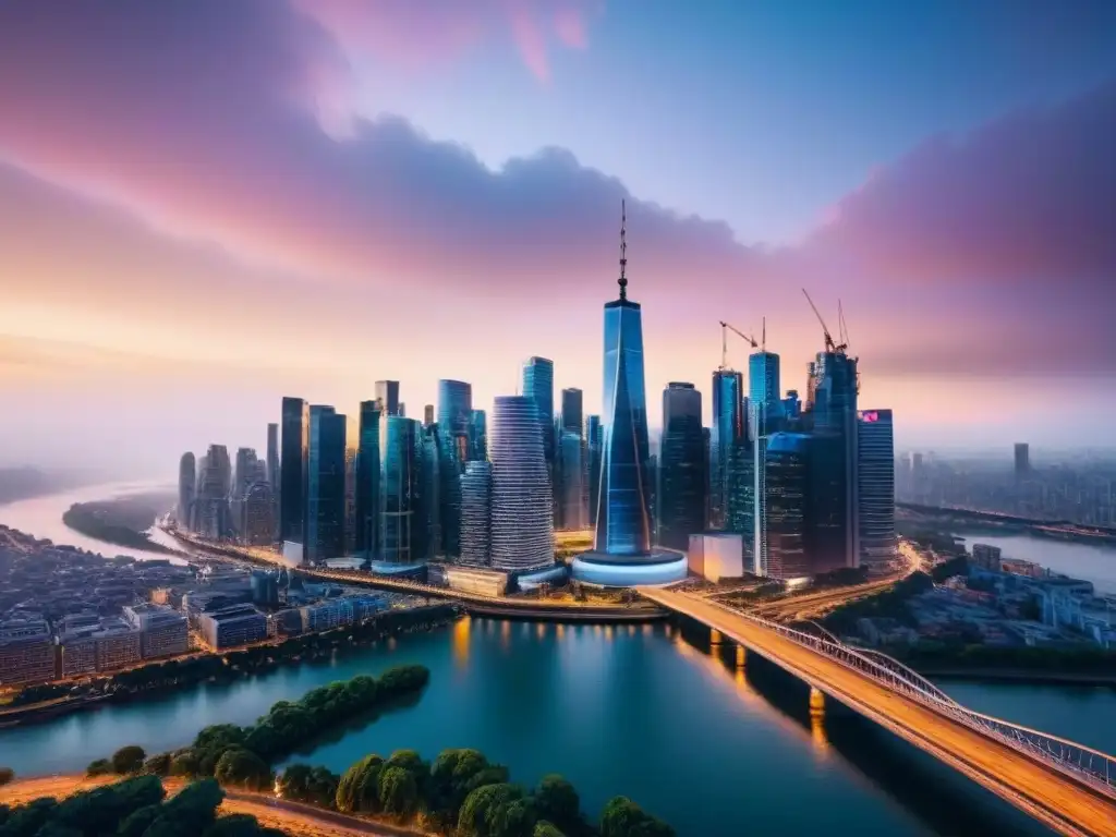 Skyline nocturno en 8k: metrópolis vibrante con oportunidades de inversión Vibrante skyline urbano al anochecer con oportunidades inversión inmobiliaria comercial