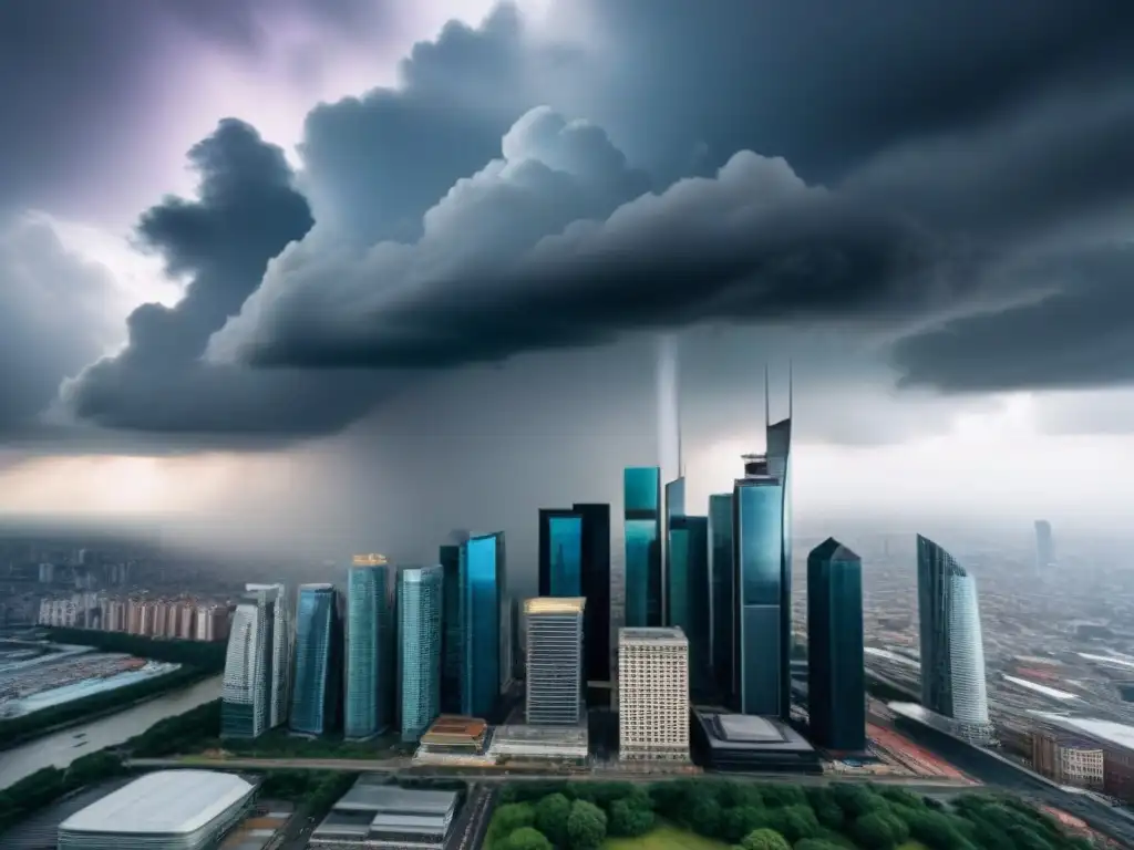 Resiliencia urbana: rascacielos en la tormenta Vibrante skyline urbano postdesastre inversión, rascacielos modernos contra nubes tormentosas
