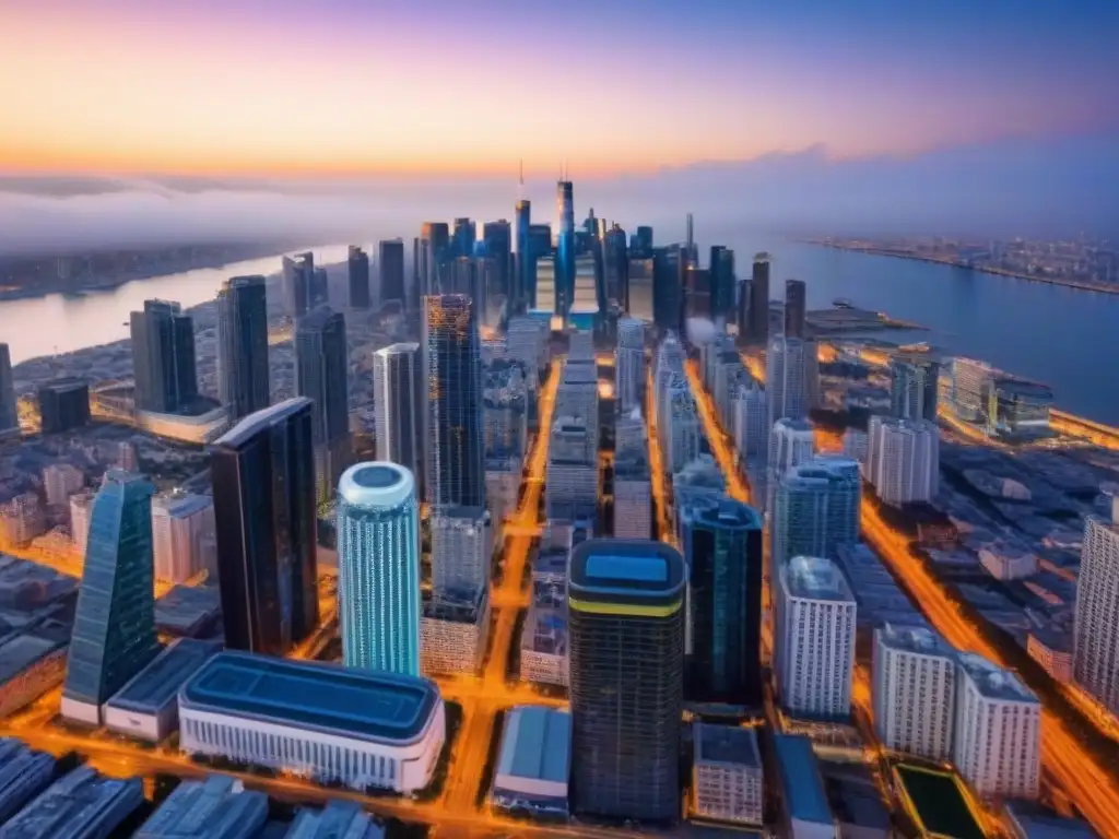Innovación en crowdfunding inmobiliario: skyline urbano al anochecer Vibrante skyline urbano al anochecer, simbolizando el potencial de Crowdfunding inmobiliario para inversores internacionales