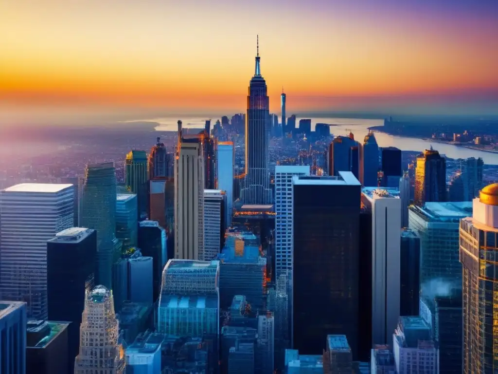 Negocios globales en la ciudad: fusiones y adquisiciones inmobiliarias Un vibrante skyline urbano con profesionales en negociaciones intensas, representando fusiones y adquisiciones inmobiliarias globales