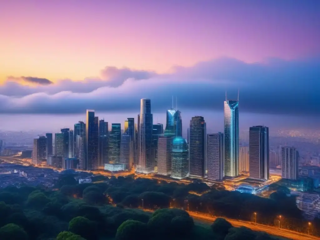 Horizonte urbano vibrante: luces y modernidad en 8k Vibrante skyline urbano al anochecer, reflejando progreso y prosperidad en estrategias postfusión bienes raíces