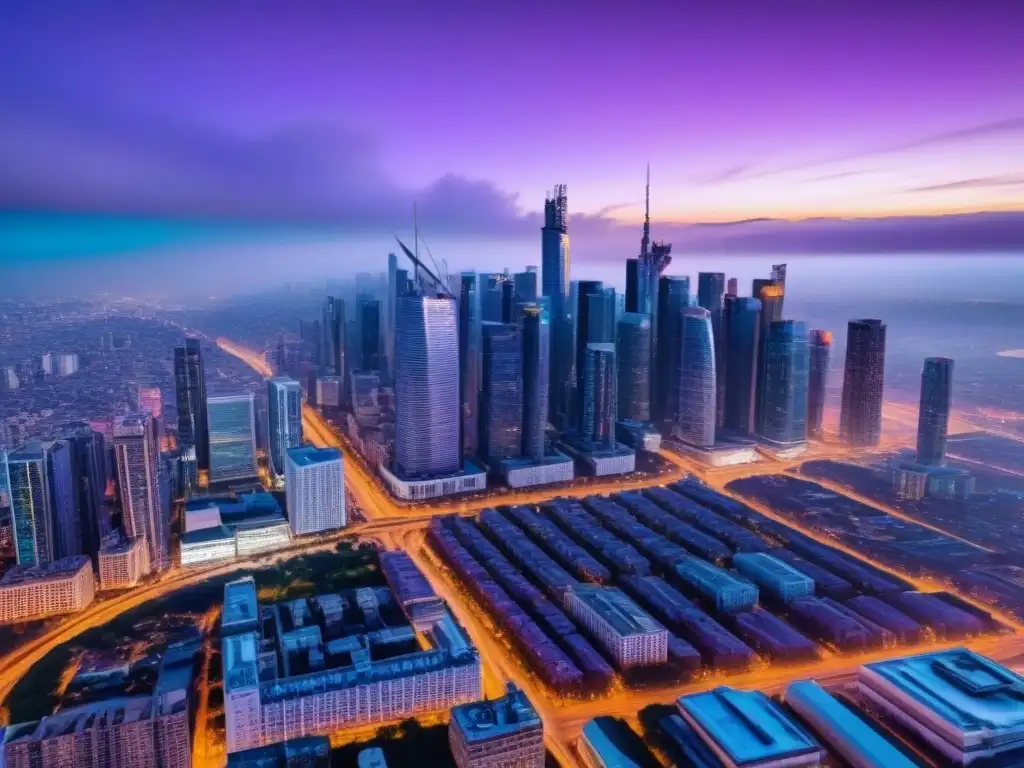 Horizonte urbano al atardecer: luces vibrantes en modernos rascacielos Vibrante skyline urbano con rascacielos iluminados al anochecer