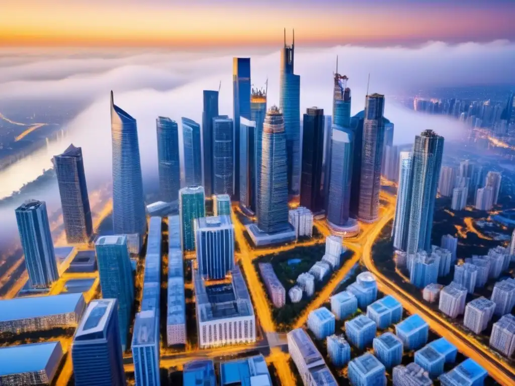 Vibrante panorama urbano: crecimiento inmobiliario en la ciudad Vibrante skyline urbano con rascacielos modernos y barrios animados, fusiones en mercados inmobiliarios locales