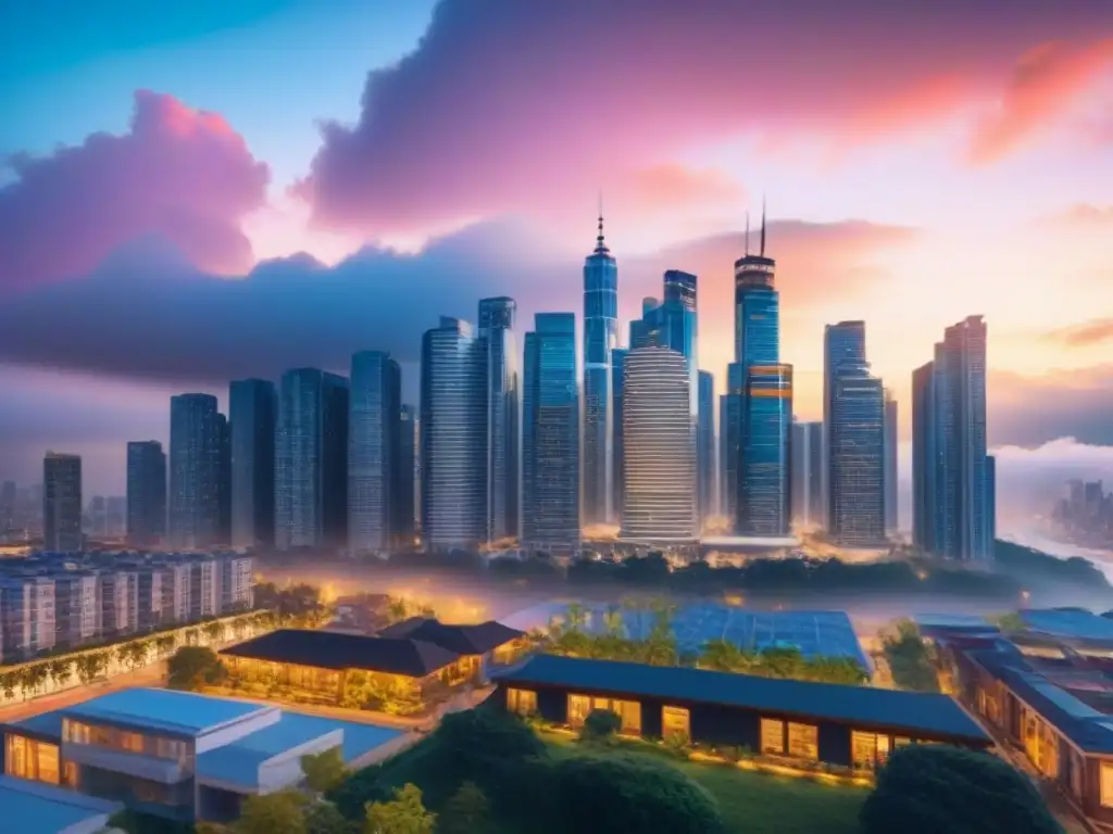 Inversión inmobiliaria: oportunidades en la ciudad vibrante Vibrante skyline urbano con rascacielos modernos, reflejando un próspero mercado inmobiliario