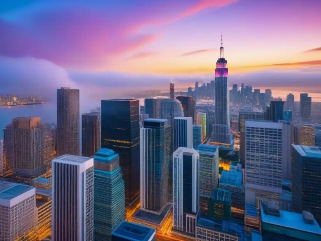 Horizonte urbano vibrante en 8k: ciudad moderna al atardecer Vibrante skyline urbano al anochecer, con rascacielos modernos iluminados