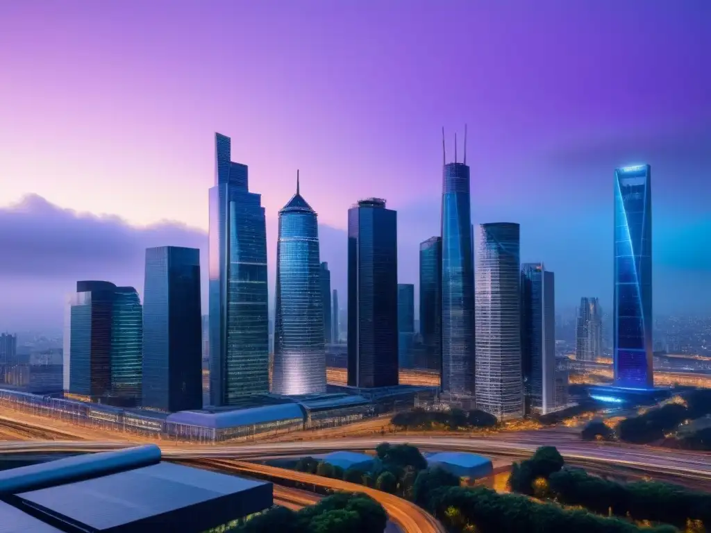 Horizonte urbano vibrante al atardecer: luces LED futuristas iluminan rascacielos Vibrante skyline urbano al anochecer con rascacielos iluminados y un edificio de oficinas moderno, reflejando la ciudad