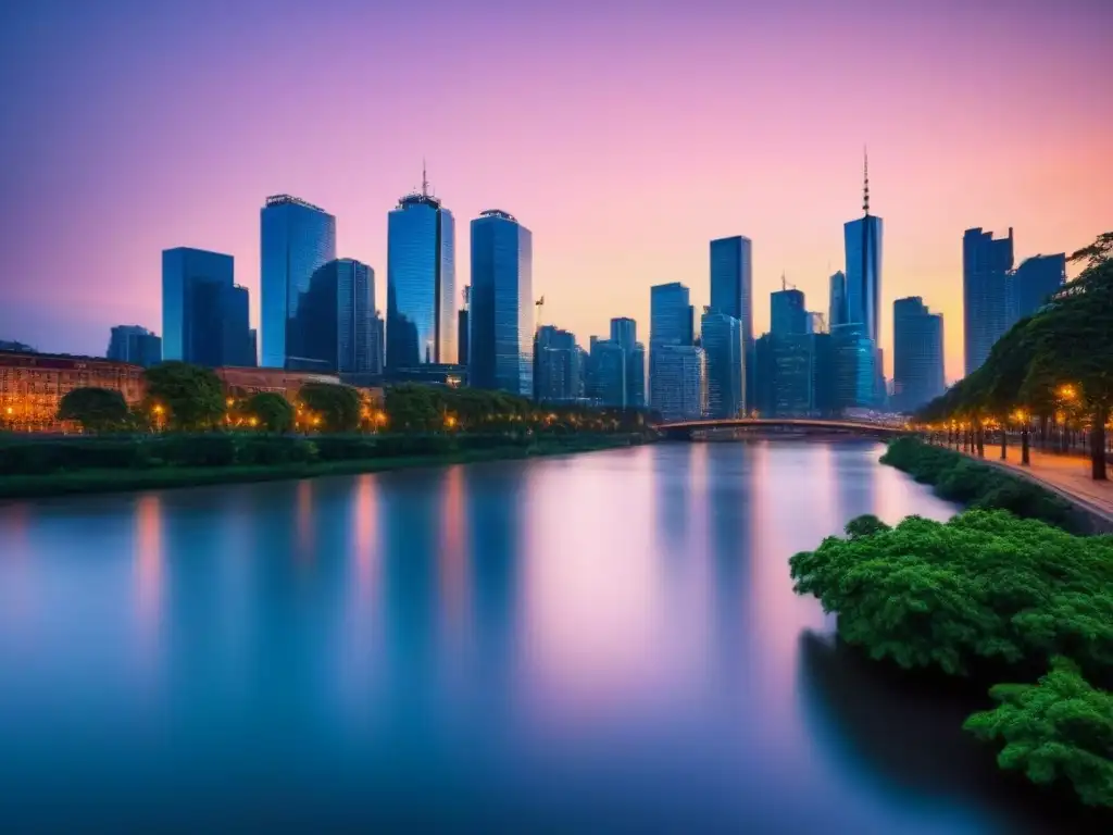 Horizonte urbano moderno al atardecer Vibrante skyline urbano al anochecer con rascacielos de vidrio iluminados y un río sereno, ideal para invertir en fondos inmobiliarios internacionales