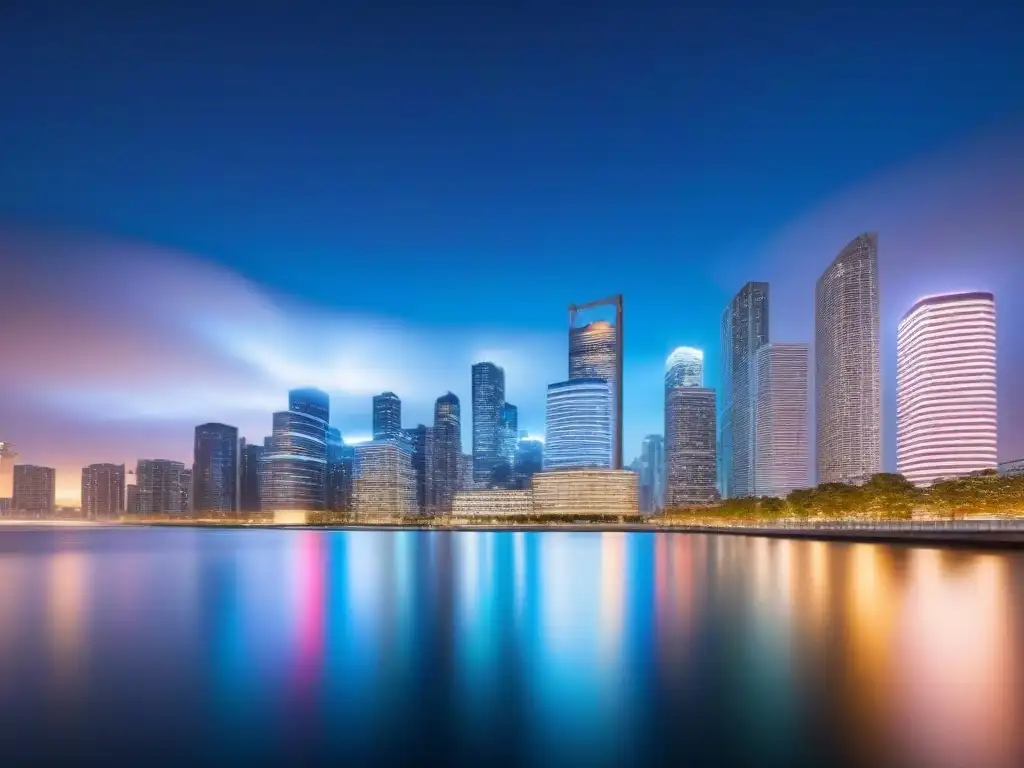 Horizonte urbano moderno: mercado inmobiliario vibrante con intereses Vibrante skyline urbano con rascacielos iluminados reflejados en aguas tranquilas, mostrando el mercado inmobiliario con las mejores tasas de interés