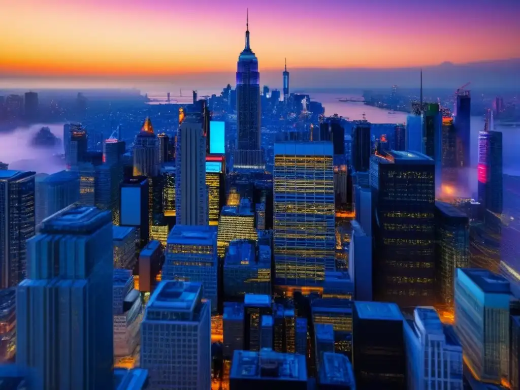 Horizonte financiero: ciudad moderna al atardecer Vibrante skyline urbano con rascacielos y pantallas digitales, durante un atardecer cálido