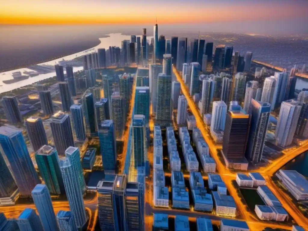 Esplendor urbano: fusión en el mercado inmobiliario postmerger Un vibrante skyline urbano con rascacielos modernos y diseños contemporáneos, reflejando sinergias postfusión en mercado inmobiliario